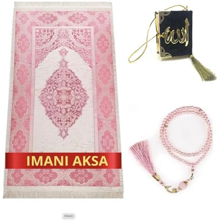 Imani Aksa Coffret Cadeau Musulman-(Tapis de prière, tasbih)-Seccade-Tapis prière- Tapis priere Musulman- Coffret Islam-Ramadan,Aïd Hajj, Umrah, Mariage, Naissance, Mevlid Muslim (Rose)