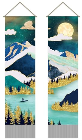 AHANDMAKER Packung Mit 2 Berg-Wandteppichen, Natur-Wald-Wandteppich, Flache Berg- Und Flusskarte, Quasten-Wandteppich, Wandbehang Für Zimmer, 13 x 51 Zoll