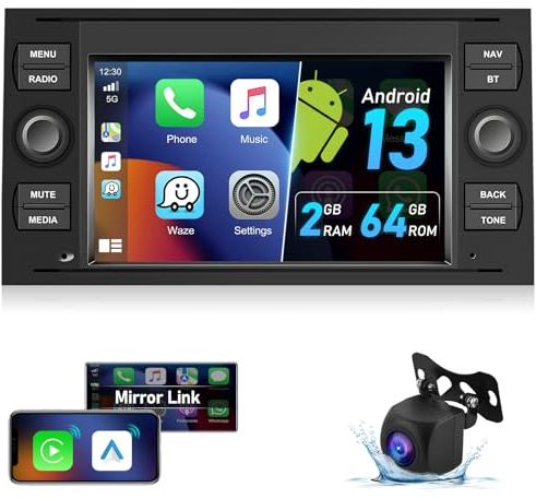 Autoradio Podofo 2+64G per Ford Transit Focus C-max S-max Galaxy Fusion Fiesta Mondeo Kuga con Apple Carplay Android Auto,Android 15.0 7'' Stereo Radio con GPS/Bluetooth/WiFi+Telecamera Posteriore AHD