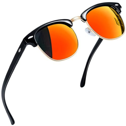 Joopin Semi-Rimless Polarised Sunglasses for Men, UV400 Protection Classic Horn Rimmed Half Frame Womens Sunglasses (Black Red)