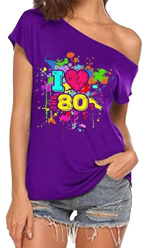 CGGMVCG Top Carino da Donna I Love The 80s Off Shoulder T-Shirt Disco Anni '80 Costumi Magliette, Z02 Viola, S