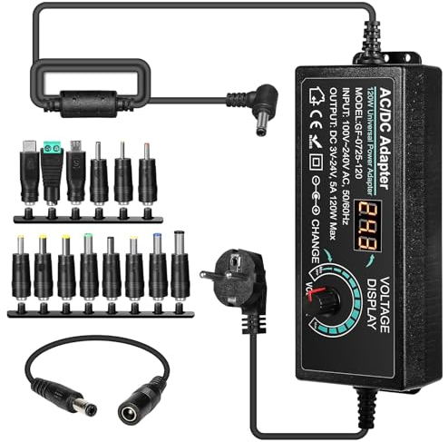 BuyWeek 120W 5A Adaptador de Corriente Universal 3V-24V Ajustable Fuente de Alimentación, Adaptador de CA a CC con 14 enchufes de CC, para Dispositivos Electrónicos Domésticos