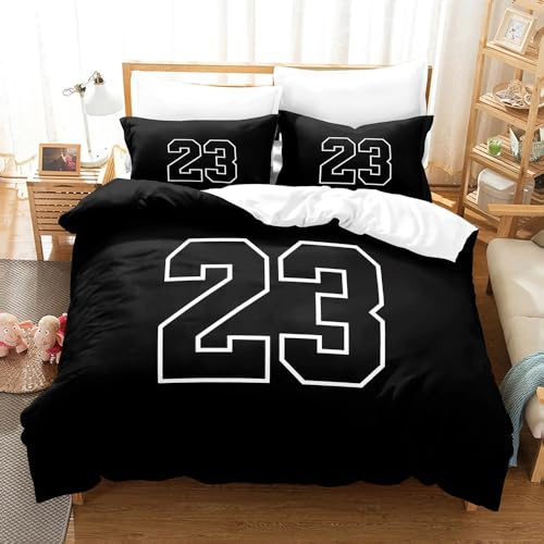 ZZTBQ Nr. 23 Schwarz Basketball Bettwäsche-Set 200x200 Teenager Bettwäsche Bettbezug und Kissenbezug-Set Basketball Sportthema Muster Bettwäsche Erwachsene Jungen und Mädchen