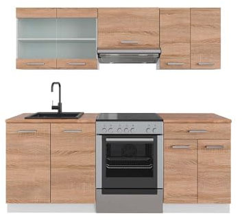 Vicco Küchenzeile R-Line, Küchenblock, Sonoma/Weiß, 200 cm, AP Eiche