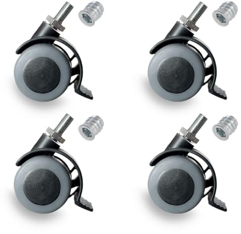 Sämann 4er Set Möbelrolle schwarz Gummirolle Lenkrolle Laufrolle Hartbodenrolle Drehstuhl mit Gewindeschraube M8 und Gewindehülse M8 x 15 mm