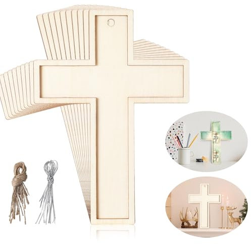 Beeveer Unlackierte Holzkreuze zum Basteln, unlackiert, groß, blanko, mehrlagiges Holzkreuz für Sonntagsschule, Basteln, Osterprojekte, Kirche, Zuhause, Wanddekoration mit Schnur (12,7 x 9,1 cm)