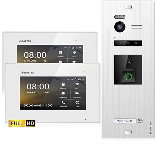 Balter EVO-HD Video Türsprechanlage mit Fingerprint, Video Türklingel, 1 Familienhaus, 2X 7 Zoll Monitore, Türklingel mit Kamera Full HD, 2 Draht Bus, 175° Weitwinkel, RFID,1080P