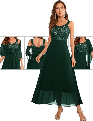 Berylove Kleid Dunkelgrün Ballkleid Lang Chiffonkleid Damen Glitzer Kleider Bridesmaids Abendkleider Grün Paillettenkleid Lang Evening Dresses for Women BLP7079 DarkGreen 2XL