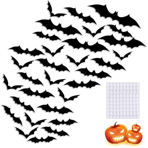 Lot de 84 chauves-souris d'Halloween en PVC noir - Autocollants muraux 3D - 4 tailles - Chauve-souris effrayantes d'Halloween pour fenêtre de maison, fête, décoration de chambre