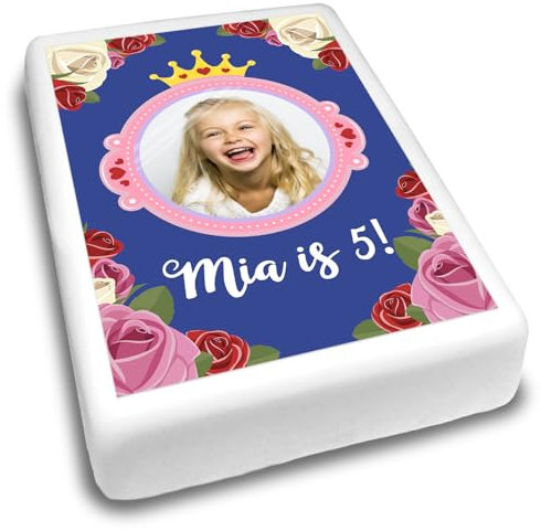 Cakeshop Portrait Personalisierte Essbare Tortendekoration Mit Goldener Prinzessinnenkrone & Rosen| Personalisieren Sie Bild, text| Geburtstage Feiern| Verschiedene Formen Größen| Zucker/Oblatenpapier