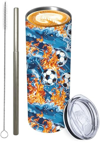 Zeleda Gobelet de football fin isotherme en acier inoxydable de 591 ml avec paille et couvercle, tasse à café de voyage, bouteille d'eau