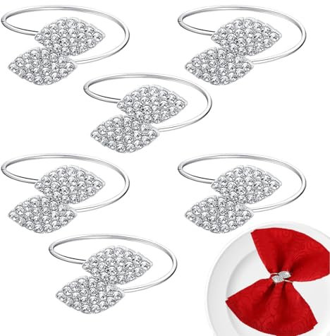 Serviettenhalter aus Metall, Serviettenringe | 6 Serviettenschnallen mit Strass-Steinen, eleganter Serviettenhalter mit zwei Blättern, Serviettenhalter mit Schnalle für Deko