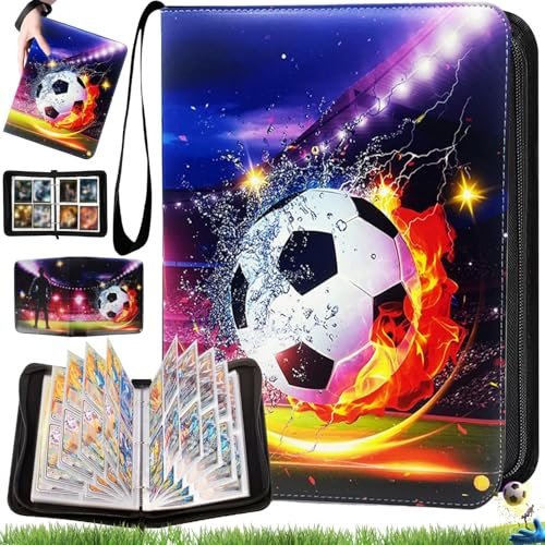 Liekadijiae Fußball Karten Ordner, Trainer Sammelkartenalben, 4 Taschen Fussball Sammelkarten Album Ordner mit Reißverschluss Tragegriff 50 Seiten für 400 Karten