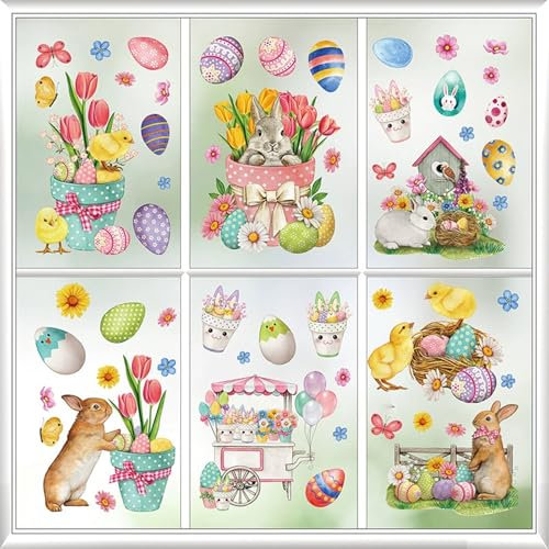 Fensterbilder Ostern Selbstklebend,9 Stück Fensterdekoration Ostern Wiederverwendbar mit Hasen Ostereier,Fensterbild Ostern,Fenstersticker,Fensteraufkleber Ostern,Fenster Aufkleber Deko für Ostern