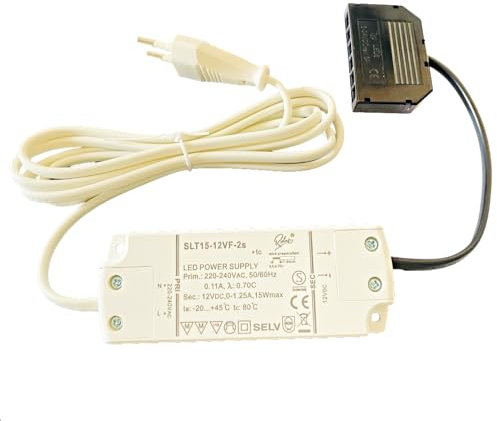 LED Trafo 12V DC, 1-15W, 1,25A, stabilisierte Spannung, 6-fach Mini-AMP-Stecker, 15 cm Ausgangskabel, 150 cm Anschlusskabel mit Eurostecker, kompakt, für stabile und zuverlässige 12V LED-Beleuchtungen