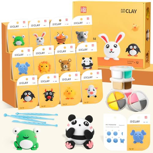 MOMSIV Modelliermasse Lufttrocknend, 12 Boxen Thema Modellierung Ton für Kinder, 48Pcs DIY Modell Magischer Knete Ultraweich, Sicher und Ungiftig, Geschenk für Jungen Mädchen im Alter von 3-12 Jahren