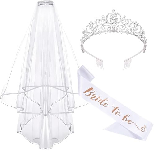 CHarmeFleur Zukünftige Braut Schleier Kordel Krone Set Krönung Hochzeits Schleier Weiße Kordel und Kopfbedeckungen für Brautparty Junggesellinnenabschied Hochzeit Verlobungsparty Accessoires