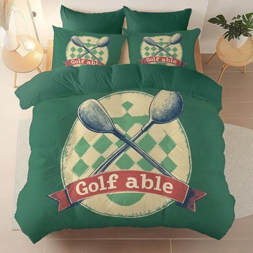 Drucken Bettwäsche Sets 3 Teilig Vintage Golf, 150 x 200 cm Reversibel Mikrofaser Bettbezug, Dunkelgrün Bettwäsche mit Reißverschluss und 2 Kissenbezüge 80 x 80cm