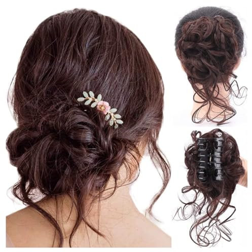 SSyang Haarteile Dutt mit Klammer, Haarteile Echthaar, Haarteil, Dutt Haarteil, Pferdeschwanz Verlängerung Klaue Clip Lockig, Gummiband Klammer, für Damen (Dunkelbraun)