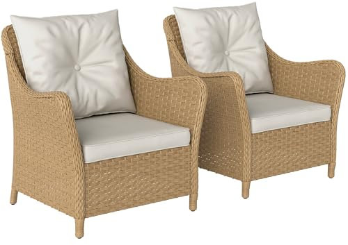 Outsunny Rattan Garden Chairs Set of 2, Outdoor Rattan Chairs with Cushions, Armrests and High Back, PE Wicker Garden Armchair with Steel Frame for Balcony, Porch, Beige