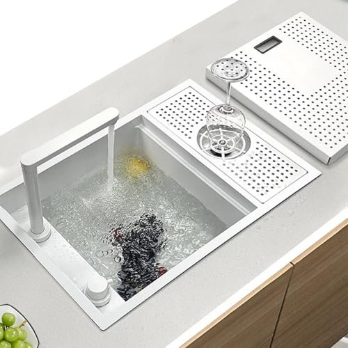 Fregadero Oculto Blanco Con Grifo Elevable Fregadero De Cocina De Acero Inoxidable Con Lavavasos Apto Para Barra De Bar Cocina Autocaravana(55x32cm)