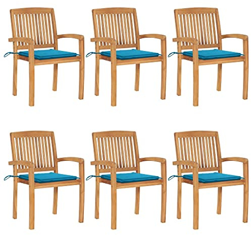 HaoChrymec Stapelbare Gartenstühle mit Kissen 6 STK. Massivholz Teak, Witterungsbeständig, Komfortabel, Gartenmöbel Set, Balkon Stuhl, Relaxsessel Garten, Blau, 60 x 57.5 x 90 cm