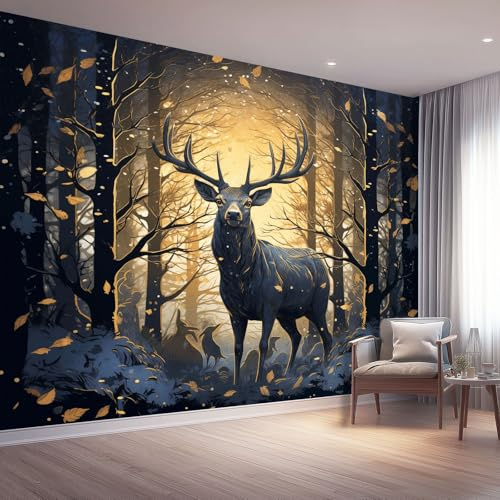 350 x 256 cm Papier Peint intissé Noir Or Fantastique Animaux Jungle Cerfs Papier Peint Panoramique Moderne, Mural Photo pour Salon, Chambre, Décor Fond TV