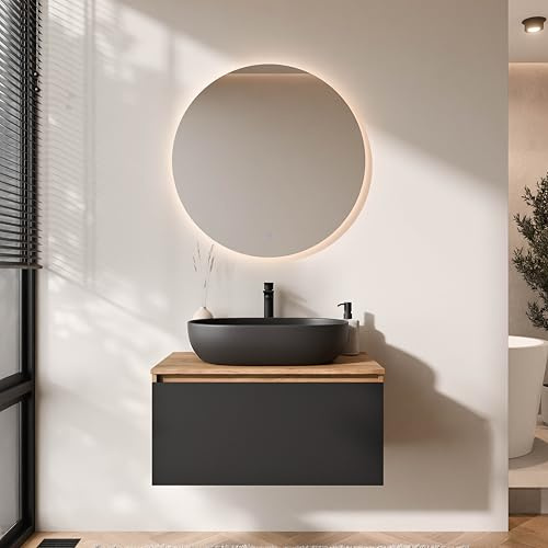 Planetmöbel Arisa Badmöbel Set Waschtisch mit Unterschrank | 80 cm, gold eiche schwarz mit NOVA Spiegel, Waschbecken 60 cm gold eiche schwarz, Raumsparsiphon
