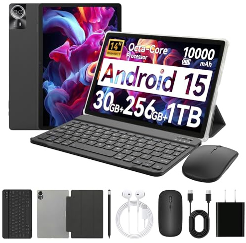 Ainmel 14 inch Tablet Android 15, 30GB+256GB(TF 1TB) Tablet with Pen and Keyboard, Octa-Core,10000mAh, Widevine L1, WiFi 6,1920x1200 IPS FHD, Dual Camera Tablets PC with Mouse Case Earphone (Black)