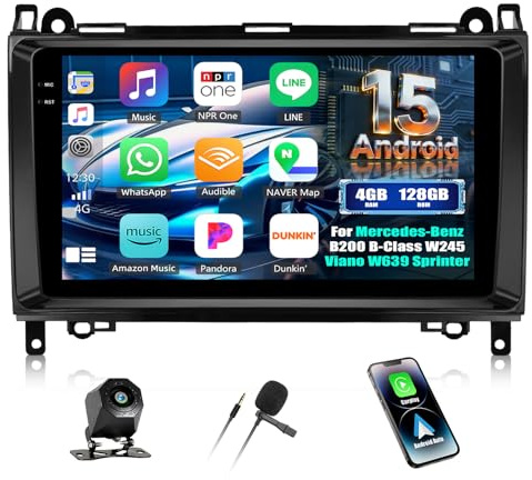 CAMECHO 4+128G Android 15 Autoradio für Mercedes-Benz B200 B-Class W245 Viano W639 Sprinter, 9 Zoll Navi Radio Incell mit Bluetooth GPS WiFi Wireless Carplay Android Auto FM RDS +Rückfahrkamera