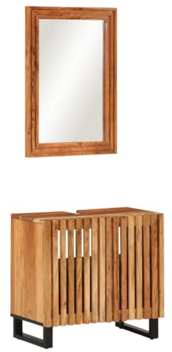 Tonture Lot de 2 meubles de salle de bain en bois d'acacia massif avec pieds en fer, meuble sous lavabo et miroir en verre, 62 x 34 x 58 cm, espace de rangement pour salle de bain, montage mural