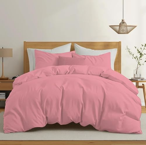 Rohi Easy Care plain Super King Duvet Cover set – Soft & Breathable Pink Bedding Set – Button Closure – Anti Allergy Quilt Cover Set with Pillowcases (Super King, Pink)