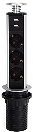 Emuca - Regletas Enchufe encastrable, Regleta multienchufe retráctil con 3 enchufes schuko EU y 2 Puertos USB, Torre de enchufes Vertical empotrable para encimera de Cocina o Escritorio