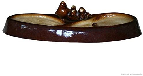 K&K Keramik Vogeltränke für den Garten, Vogelbad mit 2 Becken und 3 Deko-Vögel Wasserschale für Wildvögel, Naturprodukt, Formschön, 100% wasserdicht, Frostfest