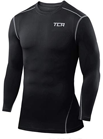TCA Men Long Sleeve Compression Shirt, Athletic Workout Sports Undershirt Base Layer Top - Black, L