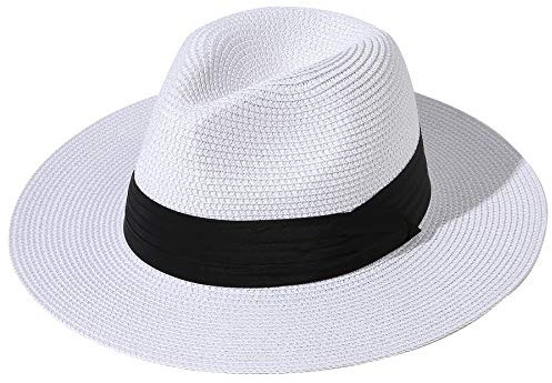 Lanzom Chapeau de plage Fedora à large bord en paille, UPF50+, Panama pour femme, blanc, M (taille unique)