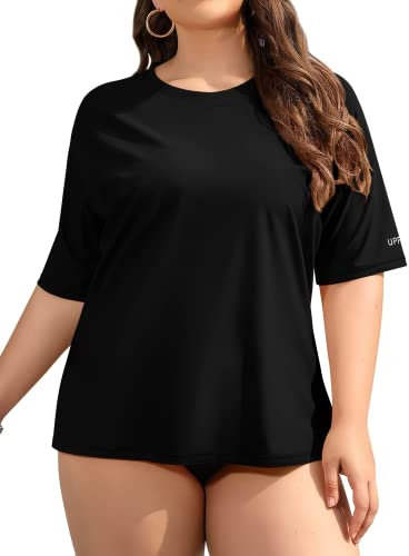 CharmLeaks Ladies Plus Size Rash Vest Top Short Sleeve UV Protection Rashguard Black(Size: XX-Large Plus)