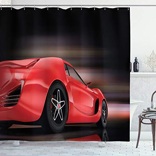 ABAKUHAUS Cars Shower Curtain, Rear View of a Futuristic Sports Car Motion Power Transportation Vehicle Sublime Theme, Cloth Fabric Bathroom Decor Set with Hooks, 86 Inches Extra Long, Red Black
