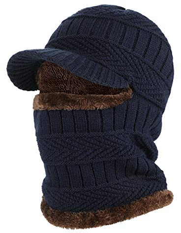 AYPOW Winter Bonnet Bonnet Balaclava en Tricot avec Cache-Cou Flexible, Masque Unisexe Coupe-Vent Ski Chaud pour Sports de Plein Air - Bleu Marine