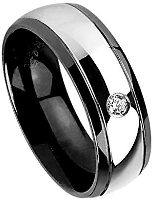 Mianova Band Ring Edelstahl Ehering Herrenring Damenring Partnerring Damen Herren mit Kristall Größe 65 (20.7) Schwarz Breit 8mm