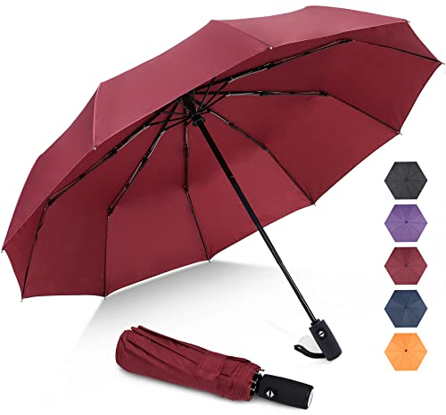 ZOMAKE Paraguas Plegable Antiviento,Pequeño Paragua Protección Solar UV para Hombre Mujer - Mini Umbrella con Apertura y Cierre Automático,Resistente al Viento,de Secado Rápido(Rojo oscuro)