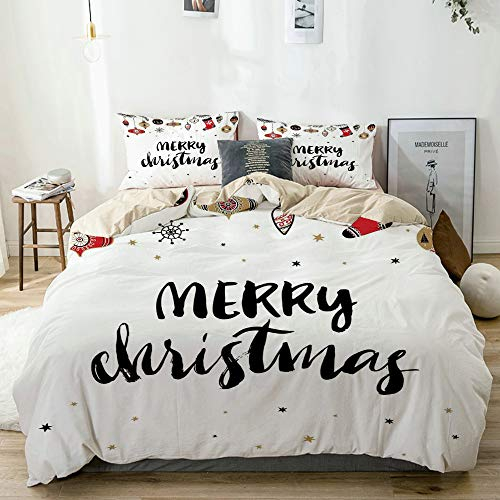 LASINSU beige Bettwäsche Set,Frohe Weihnachten Zitat mit modernen Pinsel Schriftzug Creative Noel Phrase,1 Bettbezug 220x240cm+2 Kopfkissenbezug 80x80cm