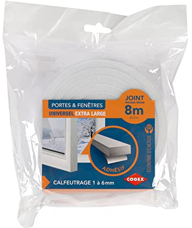 COGEX - Boudins de portes et isolation, Protections intempéries - Bande de joint portes/fenêtres, Joint isolant en mousse autocollant, Calfeutrage adhésif portes et fenêtres - 12mm x 8m (ép : 10mm)