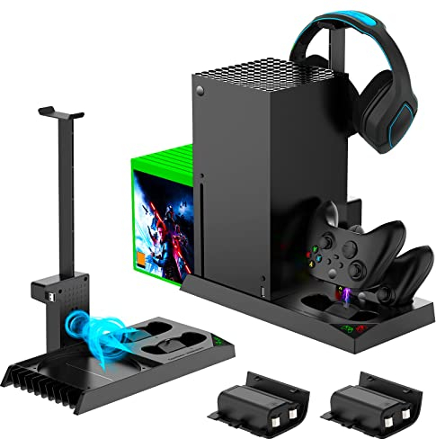 FASTSNAIL 5in1 Vertical Cooling Stand with Cooling Fan for Xbox Series X, for xbox series x accessories with 2x1400mAh Batteries, Dual Controller Charging Dock Station & Headset Stand & 10 Game Slots