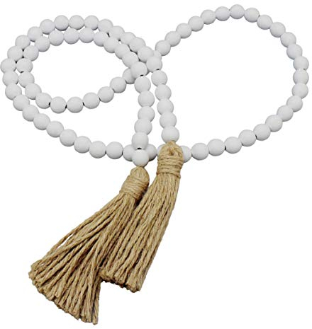 CVHOMEDECO. Wood Beads Garland with Tassels Farmhouse Rustic Wooden Prayer Bead String Wall Hanging Accent for Home Festival Decor. White