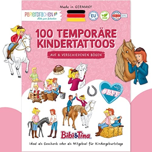 Papierdrachen 100 Tattoos für Kinder - Hautfreundliche Kindertattoos Bibi & Tina - kindgerechte Designs - als Mitgebsel oder Geschenkidee - 100% vegan & dermatologisch geprüft