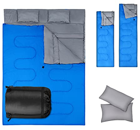 RELAX4LIFE Doppel Schlafsack für 1 oder 2 Personen, multifunktionaler Deckenschlafsack, Einzelschlafsack mit 2 Kopfkissen & Tragetasche, wasserdichter Sommerschlafsack Drinnen & Draußen (Blau)
