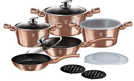 Berlinger Haus Kitchen Cookware Sets 13 Piece, Nonstick Cookware Set, Turbo Induction Based Pots and Pans Set with Plastic lids, Cooking Set with Soft-Touch Handles, Rose Gold