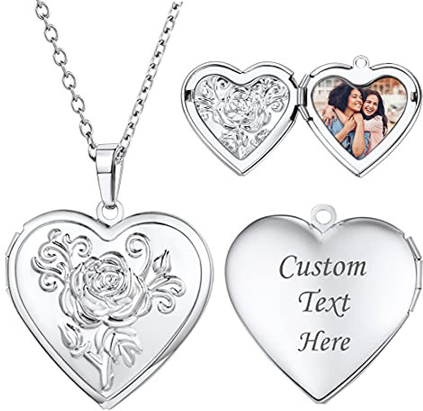 U7 Collana Donna Foto Personalizzata Pendente Medaglione Cuore Rosa Fiore Locket Portafoto, Cindolo + Catena Regolabile, Placcato Platino, Regalo Perfetto, con Confezione, Argento