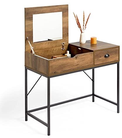 VonHaus Bedroom Dressing Table with Lift Up Mirror – Dark Wood Effect Vanity Table - Industrial Computer Desk - Rustic Makeup Desk w/Storage Compartment & Drawer - For Bedroom & Home Office - Jaxon